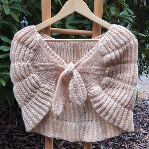 Creamy & Tab Shawl Handmade Cozy Knit Tie-Front Sweater